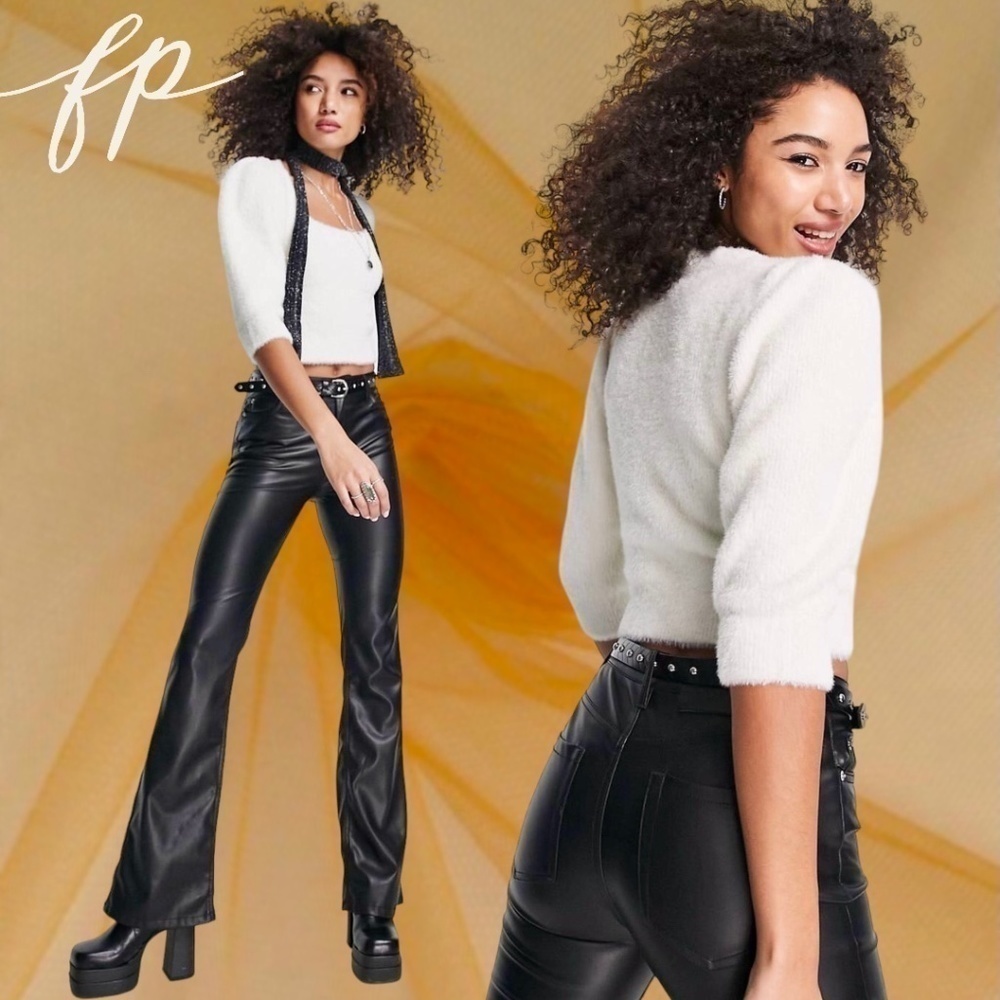 FREE PEOPLE NWT Moonbeam Fuzzy 3/4 Puff Sleeve Cropped Scoop Neck Sweater/Lg - Picture 5 of 16